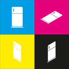 Refrigerator sign illustration. Vector. White icon with isometric projections on cyan, magenta, yellow and black backgrounds.