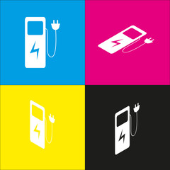 Electric car charging station sign. Vector. White icon with isometric projections on cyan, magenta, yellow and black backgrounds.