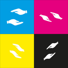 Hand sign illustration. Vector. White icon with isometric projections on cyan, magenta, yellow and black backgrounds.