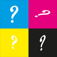 Question mark sign. Vector. White icon with isometric projections on cyan, magenta, yellow and black backgrounds.
