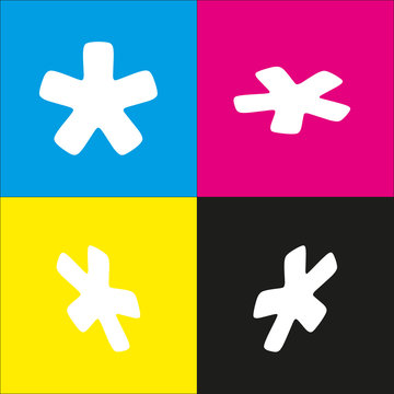 Asterisk star sign. Vector. White icon with isometric projections on cyan, magenta, yellow and black backgrounds.