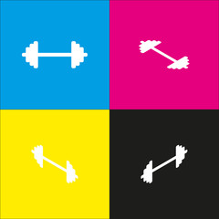 Dumbbell weights sign. Vector. White icon with isometric projections on cyan, magenta, yellow and black backgrounds.