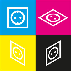 Electrical socket sign. Vector. White icon with isometric projections on cyan, magenta, yellow and black backgrounds.