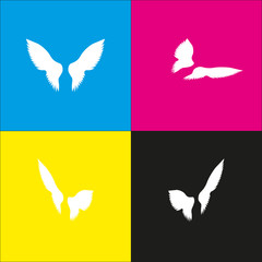 Wings sign illustration. Vector. White icon with isometric projections on cyan, magenta, yellow and black backgrounds.
