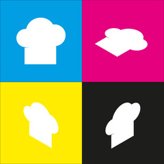 Chef cap sign. Vector. White icon with isometric projections on cyan, magenta, yellow and black backgrounds.