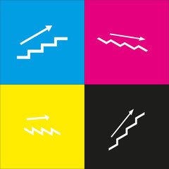 Stair with arrow. Vector. White icon with isometric projections on cyan, magenta, yellow and black backgrounds.