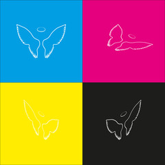 Naklejka premium Wings sign illustration. Vector. White icon with isometric projections on cyan, magenta, yellow and black backgrounds.