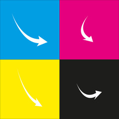 Declining arrow sign. Vector. White icon with isometric projections on cyan, magenta, yellow and black backgrounds.