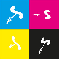 Simple corkscrew sign. Vector. White icon with isometric projections on cyan, magenta, yellow and black backgrounds.