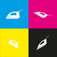 Smoothing Iron sign. Vector. White icon with isometric projections on cyan, magenta, yellow and black backgrounds.