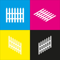 Fence simple sign. Vector. White icon with isometric projections on cyan, magenta, yellow and black backgrounds.