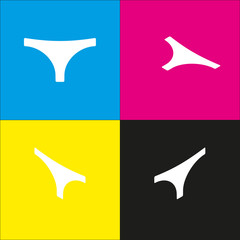 Women's panties sign. Vector. White icon with isometric projections on cyan, magenta, yellow and black backgrounds.