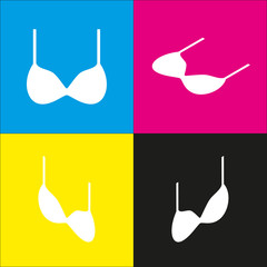 Bra simple sign. Vector. White icon with isometric projections on cyan, magenta, yellow and black backgrounds.