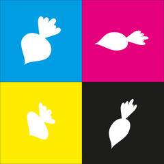 Beet simple sign. Vector. White icon with isometric projections on cyan, magenta, yellow and black backgrounds.