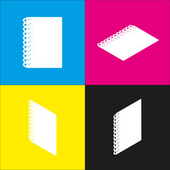 Notebook simple sign. Vector. White icon with isometric projections on cyan, magenta, yellow and black backgrounds.