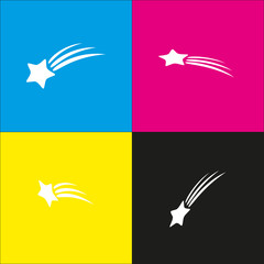 Meteor shower sign. Vector. White icon with isometric projections on cyan, magenta, yellow and black backgrounds.