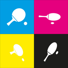 Ping pong paddle with ball. Vector. White icon with isometric projections on cyan, magenta, yellow and black backgrounds.