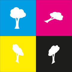 Tree sign illustration. Vector. White icon with isometric projections on cyan, magenta, yellow and black backgrounds.