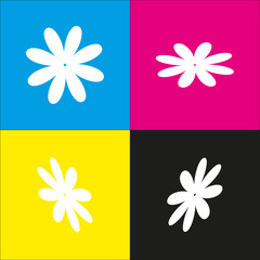Flower sign illustration. Vector. White icon with isometric projections on cyan, magenta, yellow and black backgrounds.