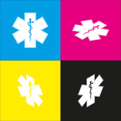 Medical symbol of the Emergency or Star of Life. Vector. White icon with isometric projections on cyan, magenta, yellow and black backgrounds.