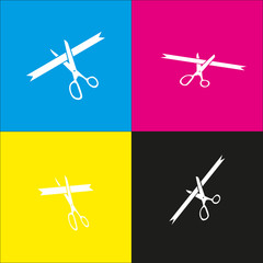 Ceremony ribbon cut sign. Vector. White icon with isometric projections on cyan, magenta, yellow and black backgrounds.