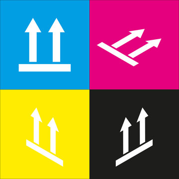 Logistic sign of arrows. Vector. White icon with isometric projections on cyan, magenta, yellow and black backgrounds.