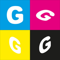 Letter G sign design template element. Vector. White icon with isometric projections on cyan, magenta, yellow and black backgrounds.