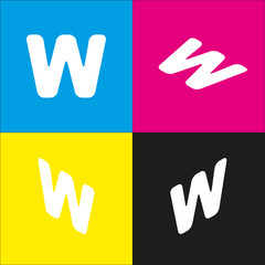 Letter W sign design template element. Vector. White icon with isometric projections on cyan, magenta, yellow and black backgrounds.