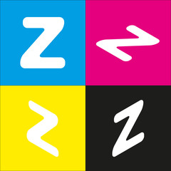 Letter Z sign design template element. Vector. White icon with isometric projections on cyan, magenta, yellow and black backgrounds.