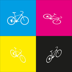 Bicycle, Bike sign. Vector. White icon with isometric projections on cyan, magenta, yellow and black backgrounds.