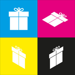 Gift sign. Vector. White icon with isometric projections on cyan, magenta, yellow and black backgrounds.
