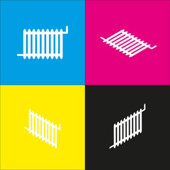 Radiator sign. Vector. White icon with isometric projections on cyan, magenta, yellow and black backgrounds.