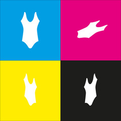 Woman`s swimsuit sign. Vector. White icon with isometric projections on cyan, magenta, yellow and black backgrounds.