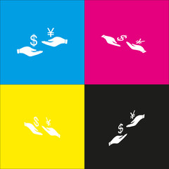 Currency exchange from hand to hand. Dollar and Yen. Vector. White icon with isometric projections on cyan, magenta, yellow and black backgrounds.