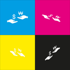Currency exchange from hand to hand. Dollar and South Korea Won. Vector. White icon with isometric projections on cyan, magenta, yellow and black backgrounds.