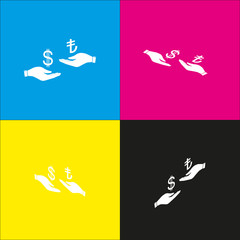 Currency exchange from hand to hand. Dollar and Turkey Lira. Vector. White icon with isometric projections on cyan, magenta, yellow and black backgrounds.