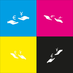 Currency exchange from hand to hand. Euro and Yuan. Vector. White icon with isometric projections on cyan, magenta, yellow and black backgrounds.