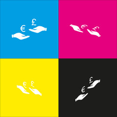 Currency exchange from hand to hand. Euro and Pound. Vector. White icon with isometric projections on cyan, magenta, yellow and black backgrounds.