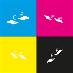 Currency exchange from hand to hand. Euro and Ruble. Vector. White icon with isometric projections on cyan, magenta, yellow and black backgrounds.
