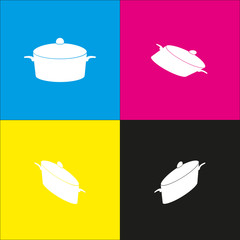 Pan sign. Vector. White icon with isometric projections on cyan, magenta, yellow and black backgrounds.