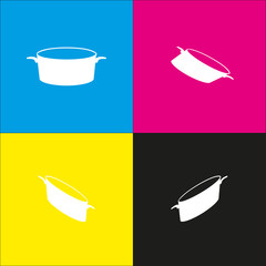 Pan sign. Vector. White icon with isometric projections on cyan, magenta, yellow and black backgrounds.