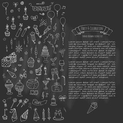 Hand drawn doodle Party and Celebration icons set Vector illustration Sketch Party concept Happy Birthday Party elements Carnival festive icons Gifts, Hat, Cake, Bow, Drink, Firework, Sweets, Flags