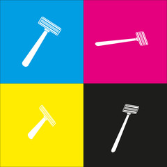 Safety razor sign. Vector. White icon with isometric projections on cyan, magenta, yellow and black backgrounds.