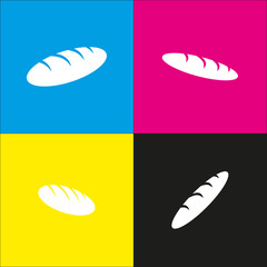 Bread sign. Vector. White icon with isometric projections on cyan, magenta, yellow and black backgrounds.