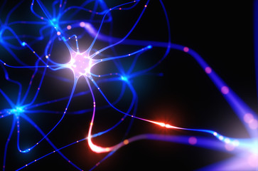 3D illustration of Interconnected neurons with electrical pulses.