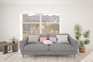 White room with sofa and urban landscape in window. Scandinavian interior design. 3D illustration