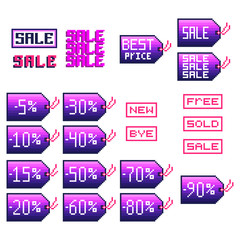 Sale tags set in pixel art style, on a white background. Vector illustration. Can be used for design brochures, online store, catalogs, and other promotional materials
