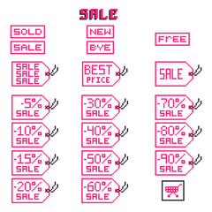 Sale tags set in pixel art style, on a white background. Vector illustration.  Can be used for design brochures, online store, catalogs, and other promotional materials