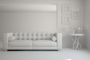 White room with sofa. Scandinavian interior design. 3D illustration