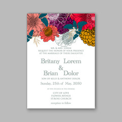 Wedding invitation with beautiful flowers zinnia chrysanthemum